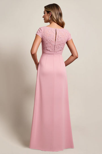 Blush High-Low Ruched Mother of the Bride dress with Cap Sleeves